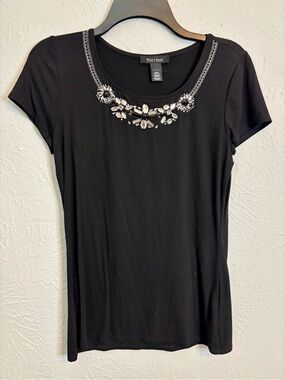White House Black Market Black Jeweled Scoop-Neck Short Sleeve Tee